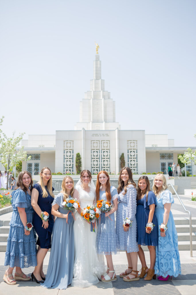bride-with-bridesmaids-at-idaho-falls-temple