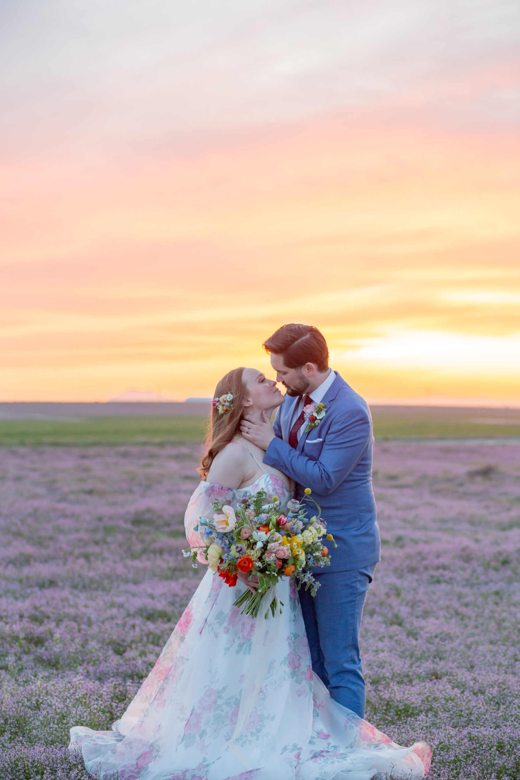 PNW Elopement Photographer captures bride and groom kissing at sunset